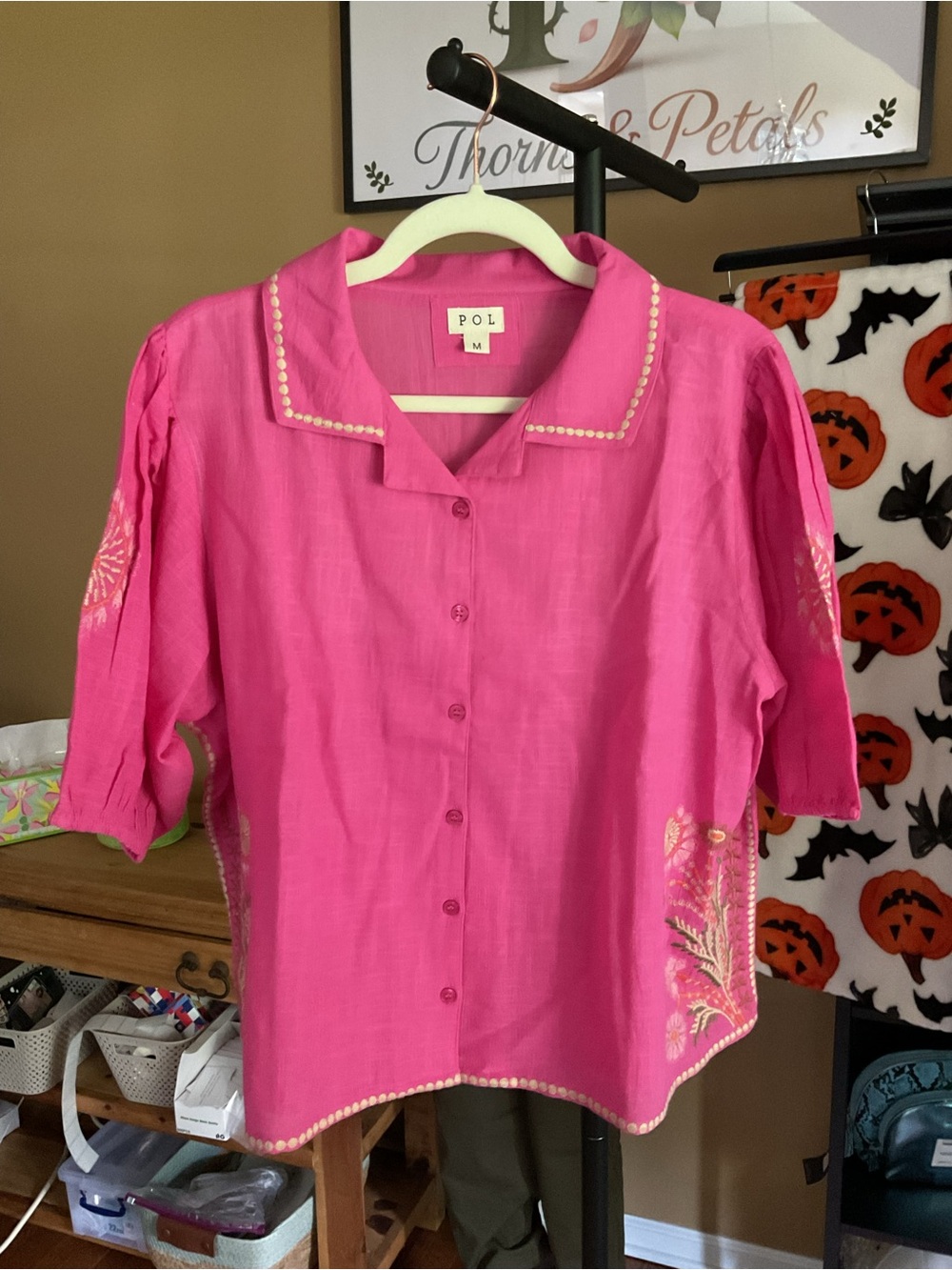 POL Hot Pink Embroidered Button-Front Blouse